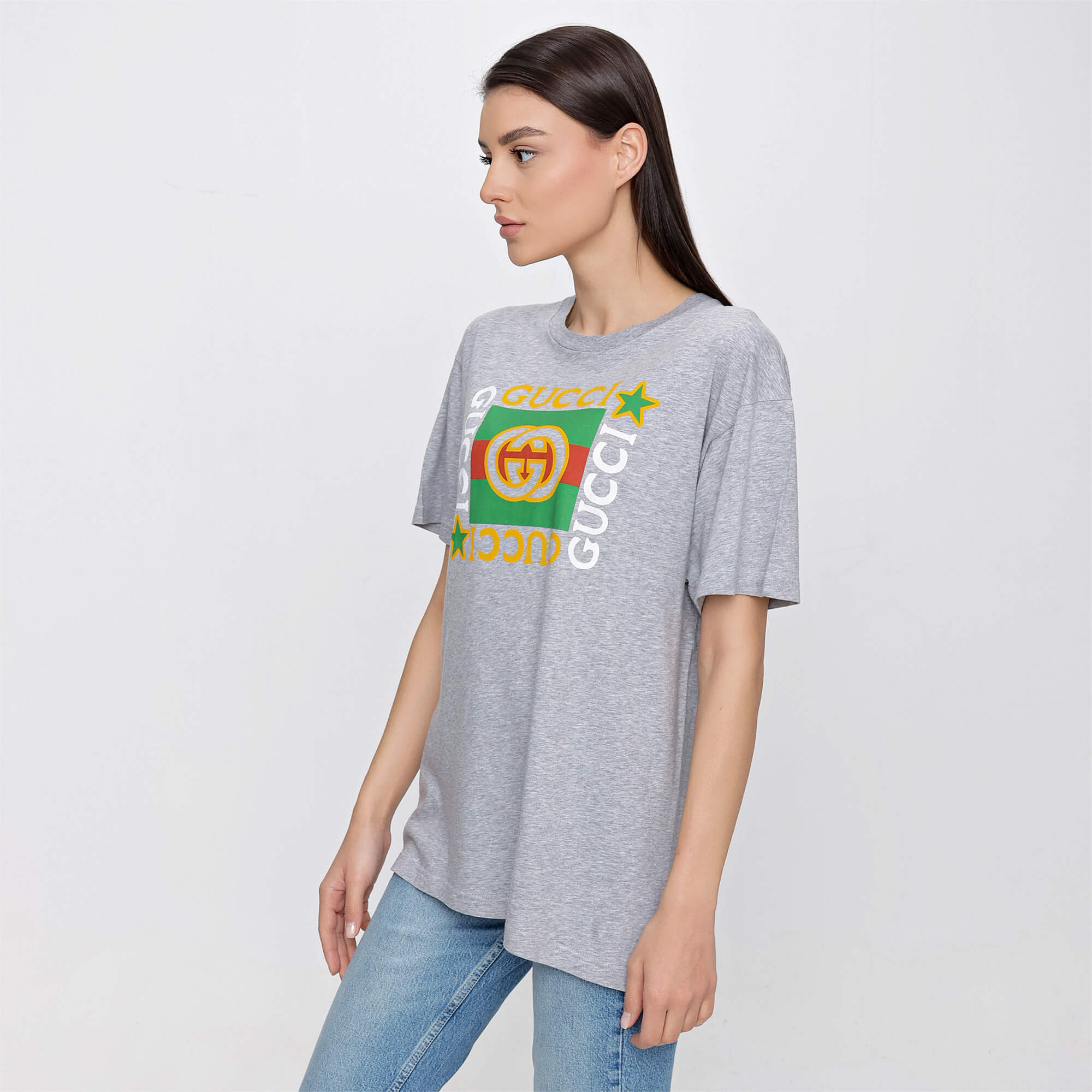 Gucci - Grey Oversized Gucci Print Cotton Vintage Logo Tshirt 